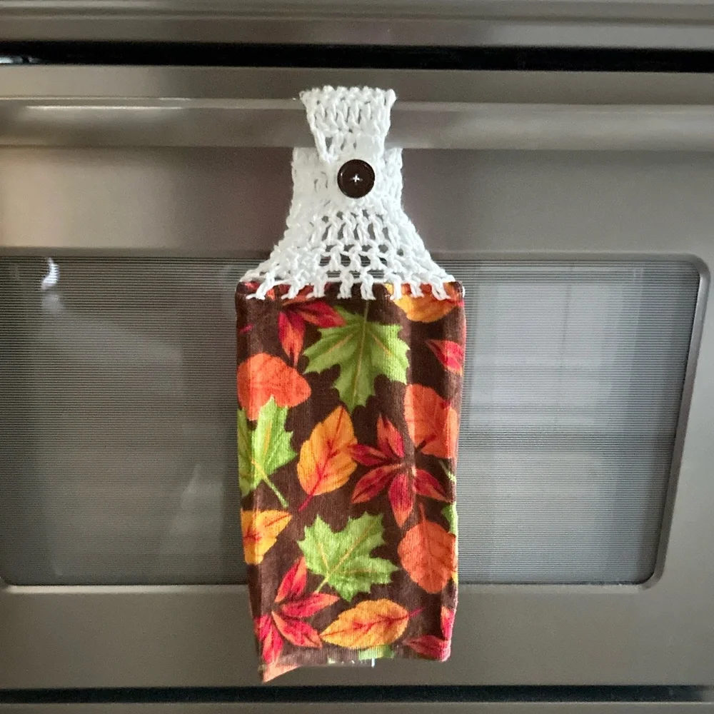 HAND CRAFTED Colorful Fall Leaves Crochet Top Hanging Kitchen Hand Towel